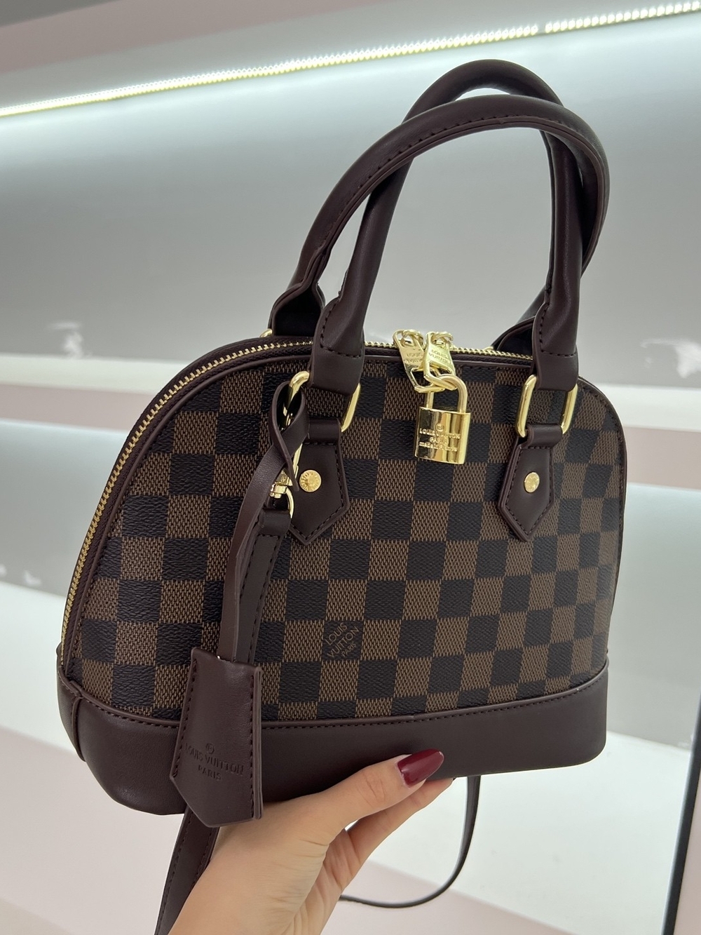 Brown Checkered Dome Satchel with Gold Hardware